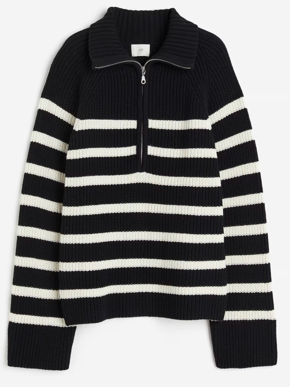 H&M Black and White Striped Half-Zip Turtleneck Sweater